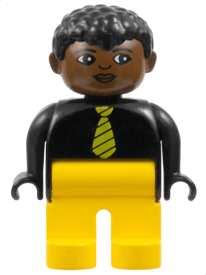 LEGO Duplo Figure Male Black Top and Yellow Striped Tie Black Curly Hair (4555pb224) Duplo Minifigure