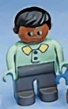 Duplo Figure, Male, Dark Gray Legs, Light Green Top With 2 Buttons And Collar, Black Hair (75691)