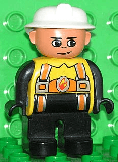 LEGO Duplo Figure Male Fireman Yellow Top with Flame and Orange Suspenders White Fire Helmet no (4555pb250) Duplo Minifigure