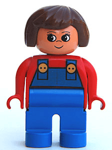 LEGO Duplo Figure Female Red Top with Blue Overalls Brown Hair Turned Up Nose (4555pb253) Duplo Minifigure