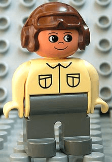 Duplo Figure, Male, Dark Gray Legs, Tan Top, Brown Aviator Helmet