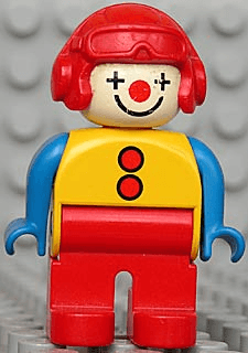 LEGO Duplo Figure Male Clown Yellow Top with 2 Buttons Red Aviator Helmet (4555pb256) Duplo Minifigure