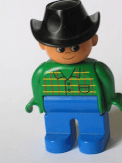 Duplo Figure, Male, Blue Legs, Green Top with Pocket, Black Cowboy Hat