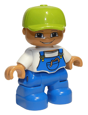 LEGO Duplo Figure Lego Ville Child Boy White Top with Blue Overalls Worms in Pocket Lime Cap (4 (47205pb002) Duplo Minifigure