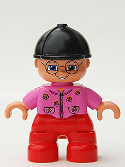 LEGO Duplo Figure Lego Ville Child Girl Dark Pink Top With Flowers Black Riding Helmet Glasses (47205pb005) Duplo Minifigure
