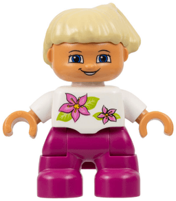 Duplo Figure Lego Ville, Child Girl, Magenta Legs, White Top with Two Flowers, White Arms, Tan Hair (4521596, 6012989, 6228505)