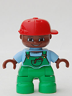 Duplo Figure Lego Ville, Child Boy, Bright Green Legs, Bright Light Blue Top with Bright Green Overalls with Worms in Pocket, Brown Head, Red Cap