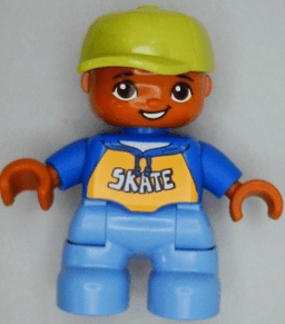 Duplo Figure Lego Ville, Child Boy, Medium Blue Legs, Blue Top with 'SKATE' Text Pattern, Lime Cap, Oval Eyes