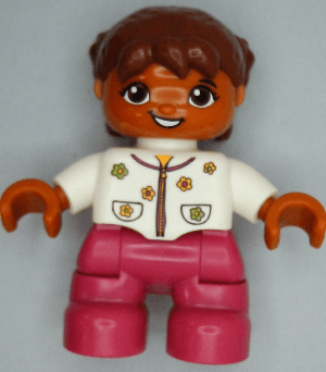 LEGO Duplo Figure Lego Ville Child Girl Magenta Legs White Top with Flowers Reddish Brown Hair (47205pb016a) Duplo Minifigure