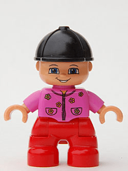 LEGO Duplo Figure Lego Ville Child Girl Dark Pink Top with Flowers Black Riding Helmet (47205pb018) Duplo Minifigure