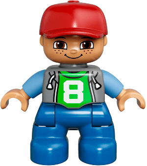 LEGO Duplo Figure Lego Ville Child Boy Light Bluish Gray Top with Number 8 Red Cap Freckles (47205pb026) Duplo Minifigure