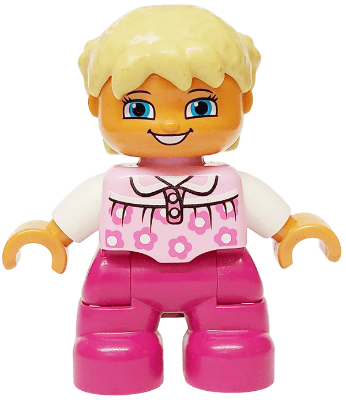 Duplo Figure Lego Ville, Child Girl, Magenta Legs, Bright Pink Top with Flowers, White Arms, Tan Hair with Braids
