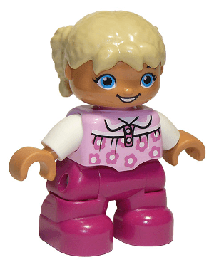LEGO Duplo Figure Lego Ville Child Girl Magenta Legs Bright Pink Top with Flowers Tan Hair wit (47205pb028a) Duplo Minifigure