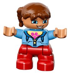 Duplo Figure Lego Ville, Child Girl, Red Legs, Medium Blue Jacket over Shirt with Flower, Reddish Brown Pigtails