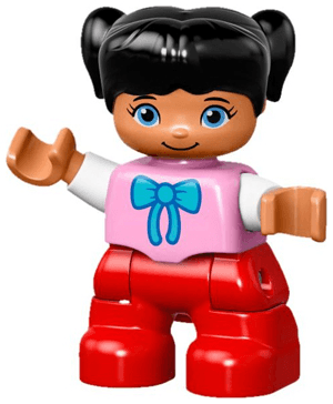 Duplo Figure Lego Ville, Child Girl, Red Legs, Bright Pink Top with Bow Tie, Black Hair with Pigtails