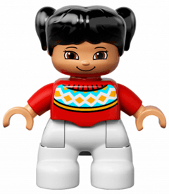 LEGO Duplo Figure Lego Ville Child Girl Red Fair Isle Sweater with Orange Diamonds Black Pigtai (47205pb036) Duplo Minifigure