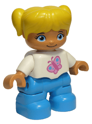 LEGO Duplo Figure Lego Ville Child Girl Dark Azure Legs White Top with Pink Butterfly Yellow Ha (47205pb037) Duplo Minifigure