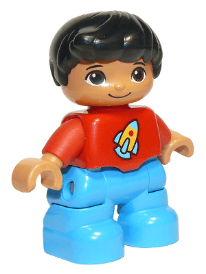 LEGO Duplo Figure Lego Ville Child Boy Dark Azure Legs Red Top with Space Rocket Ship Black Hai (47205pb038) Duplo Minifigure