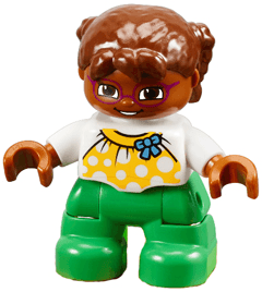 LEGO Duplo Figure Lego Ville Child Girl White Top with Yellow Pattern and Blue Bow Brown Hair M (47205pb039) Duplo Minifigure