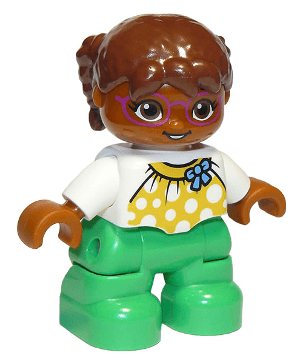 LEGO Duplo Figure Lego Ville Child Girl White Top with Yellow Pattern and Blue Bow Brown Hair (47205pb039a) Duplo Minifigure