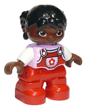 LEGO Duplo Figure Lego Ville Child Girl Bright Pink Top with Flower on Pocket Black Hair Pigta (47205pb041a) Duplo Minifigure