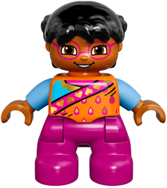 Duplo Figure Lego Ville, Child Girl, Magenta Legs and Glasses, Orange Top, Black Hair