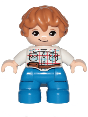 Duplo Figure Lego Ville, Child Boy, Blue Legs, White Checkered Shirt with Belt, Medium Nougat Hair