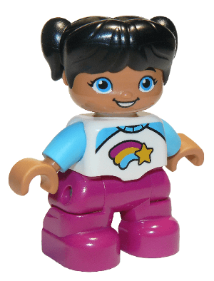 LEGO Duplo Figure Lego Ville Child Girl Magenta Legs White and Medium Azure Top with Shooting S (47205pb063) Duplo Minifigure