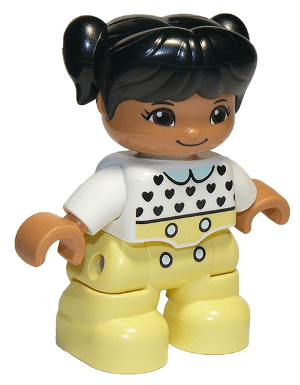 LEGO Duplo Figure Lego Ville Child Girl Bright Light Yellow Legs White Top with Black Hearts Bl (47205pb069) Duplo Minifigure