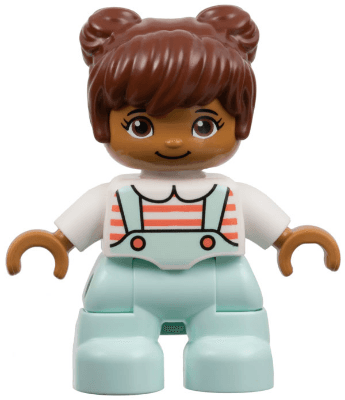 LEGO Duplo Figure Lego Ville Child Girl Light Aqua Legs White Top with Coral Stripes Reddish Br (47205pb071) Duplo Minifigure