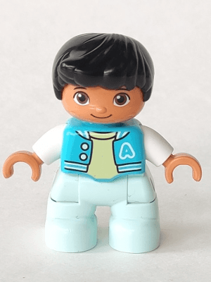 Duplo Figure Lego Ville, Child Boy, Light Aqua Legs, Medium Azure Jacket, Bright Light Yellow Shirt, White Arms, Black Hair