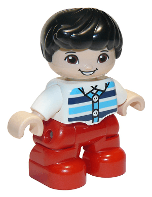 LEGO Duplo Figure Lego Ville Child Boy White Top with Medium Azure and Dark Blue Stripes Black (47205pb077) Duplo Minifigure