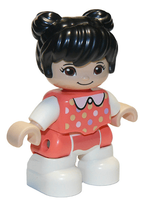 LEGO Duplo Figure Lego Ville Child Girl Coral Top with Polka Dots Pattern Black Hair (47205pb078) Duplo Minifigure