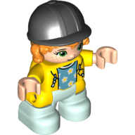 LEGO Duplo Figure Lego Ville Child Girl Light Aqua Legs Orange Hair Black Riding Helmet (47205pb082) Duplo Minifigure