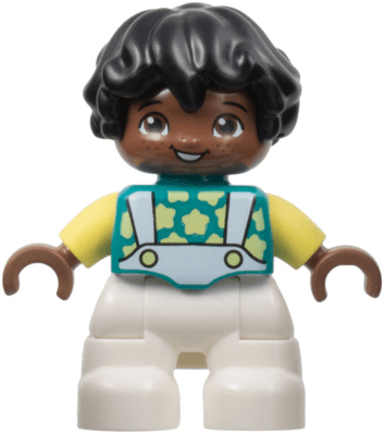 Duplo Figure Lego Ville, Child Boy, White Legs, Dark Turquoise Top with Stars, Bright Light Yellow Arms, Black Hair (6444500)