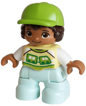 Duplo Figure Lego Ville, Child Boy, Light Aqua Legs, Bright Light Yellow Shirt with Train Pattern, Dark Brown Hair, Lime Cap (6488925)