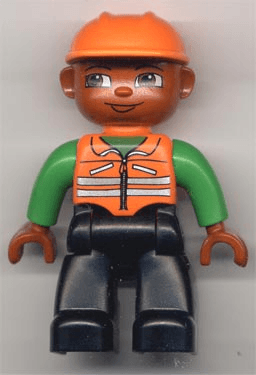 LEGO Duplo Figure Lego Ville Male Orange Vest with Green Arms Orange Construction Helmet (47394pb002) Duplo Minifigure