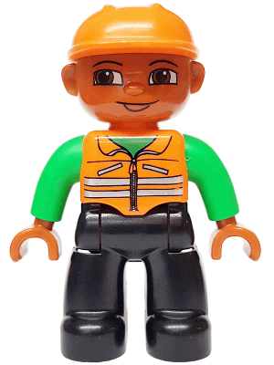 Duplo Figure Lego Ville, Male, Black Legs, Orange Vest with Green Arms, Orange Construction Helmet