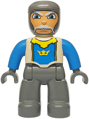 Duplo Figure Lego Ville, Male Castle, Dark Bluish Gray Legs, White Chest, Blue Arms, Dark Bluish Gray Hands