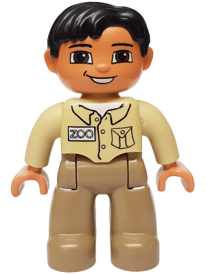 Duplo Figure Lego Ville, Male, Dark Tan Legs, Tan Top, Black Hair, Brown Eyes (Zoo Keeper)