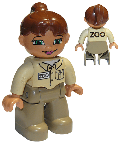 Duplo Figure Lego Ville, Female, Dark Tan Legs, Tan Top, Reddish Brown Ponytail Hair, Green Eyes (Zoo Keeper)