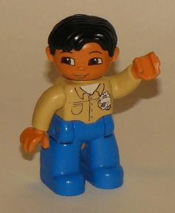 Duplo Figure Lego Ville, Male, Blue Legs, Tan Top with Buttons and Rag in Pocket, Black Hair, Nougat Hands (Mechanic)