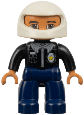 Duplo Figure Lego Ville, Male Police, Dark Blue Legs, Black Top with Badge, Black Arms, White Helmet, Dark Bluish Gray Eyebrows, Reddish Brown Eyes