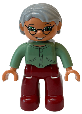 LEGO Duplo Figure Lego Ville Female Sand Green Sweater Light Bluish Gray Hair Glasses (47394pb030c) Duplo Minifigure
