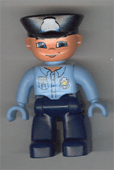 Duplo Figure Lego Ville, Male Police, Dark Blue Legs, Light Blue Top with Badge, Light Blue Hands, Black Hat