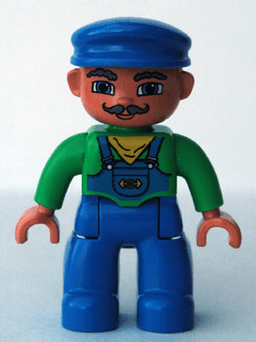 Duplo Figure Lego Ville, Male, Blue Legs, Green Top with Yellow Scarf, Blue Cap, Curly Moustache (Train Engineer)