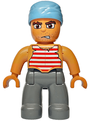 Duplo Figure Lego Ville, Male Pirate, Dark Bluish Gray Legs, Red and White White Striped Top, Medium Blue Cloth Wrap (Pirate)