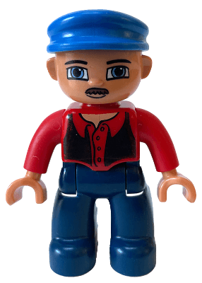 LEGO Duplo Figure Lego Ville Male Red Top with Black Vest Blue Cap Moustache (47394pb062a) Duplo Minifigure