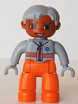 Duplo Figure Lego Ville, Male Medic, Orange Legs, Light Bluish Gray Top with Zipper and Stripes, Light Bluish Gray Hair, Light Bluish Gray Hands