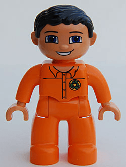 Duplo Figure Lego Ville, Male, Orange Legs, Nougat Hands, Orange Top with Recycle Logo, Black Hair, Blue Eyes